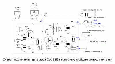 Схема подключения детектора CW_SSB к приёмнику с общим минусом питания.GIF