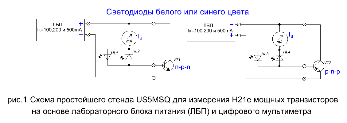рис.1 Схема простейшего стенда измерения Н21е мощных транзисторовl